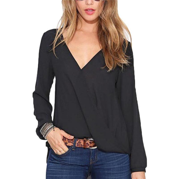 Top-Deep V-Neck Causal Chiffon Shirt